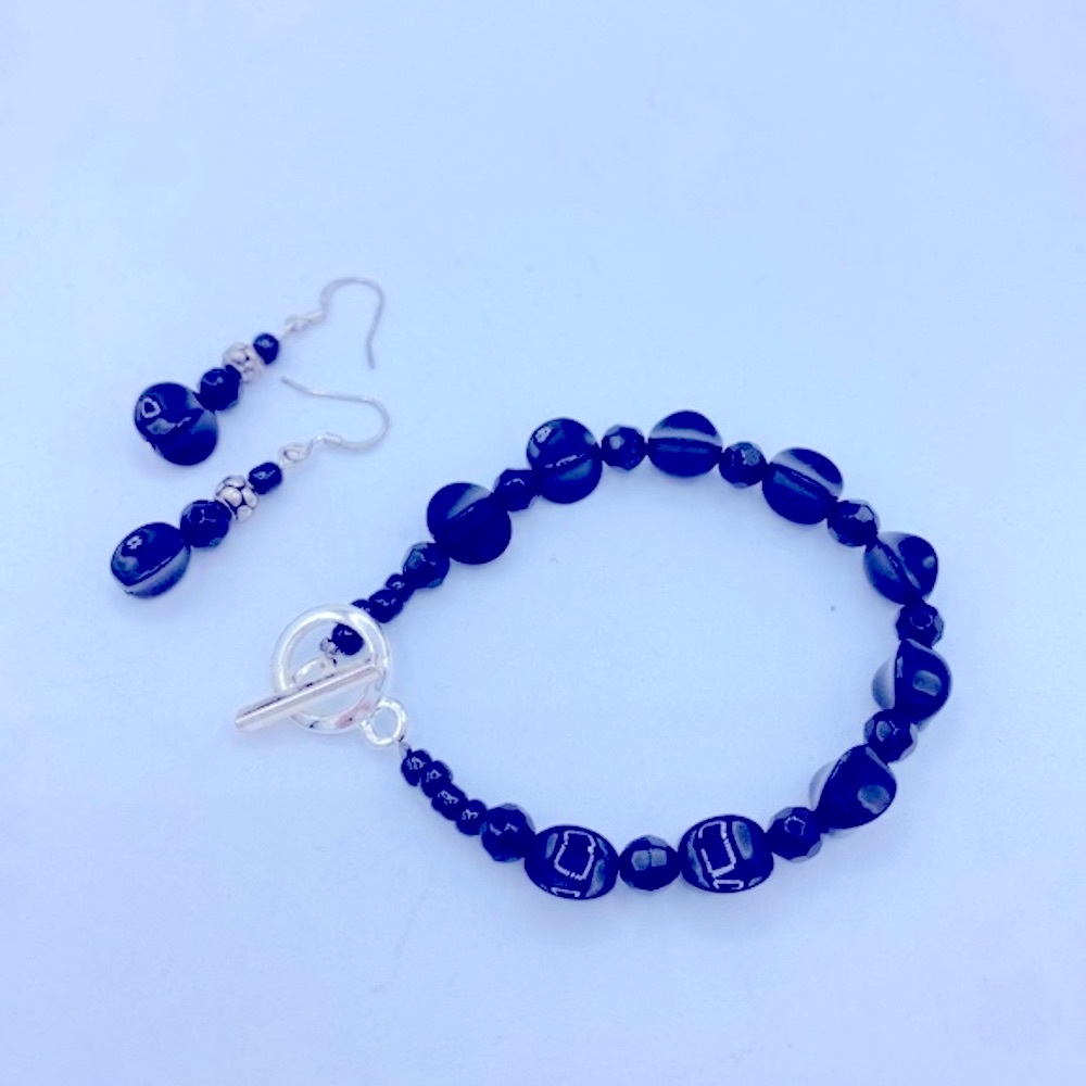 Handmade Black Glass Abstract Bead Bracelet And Earrings Set